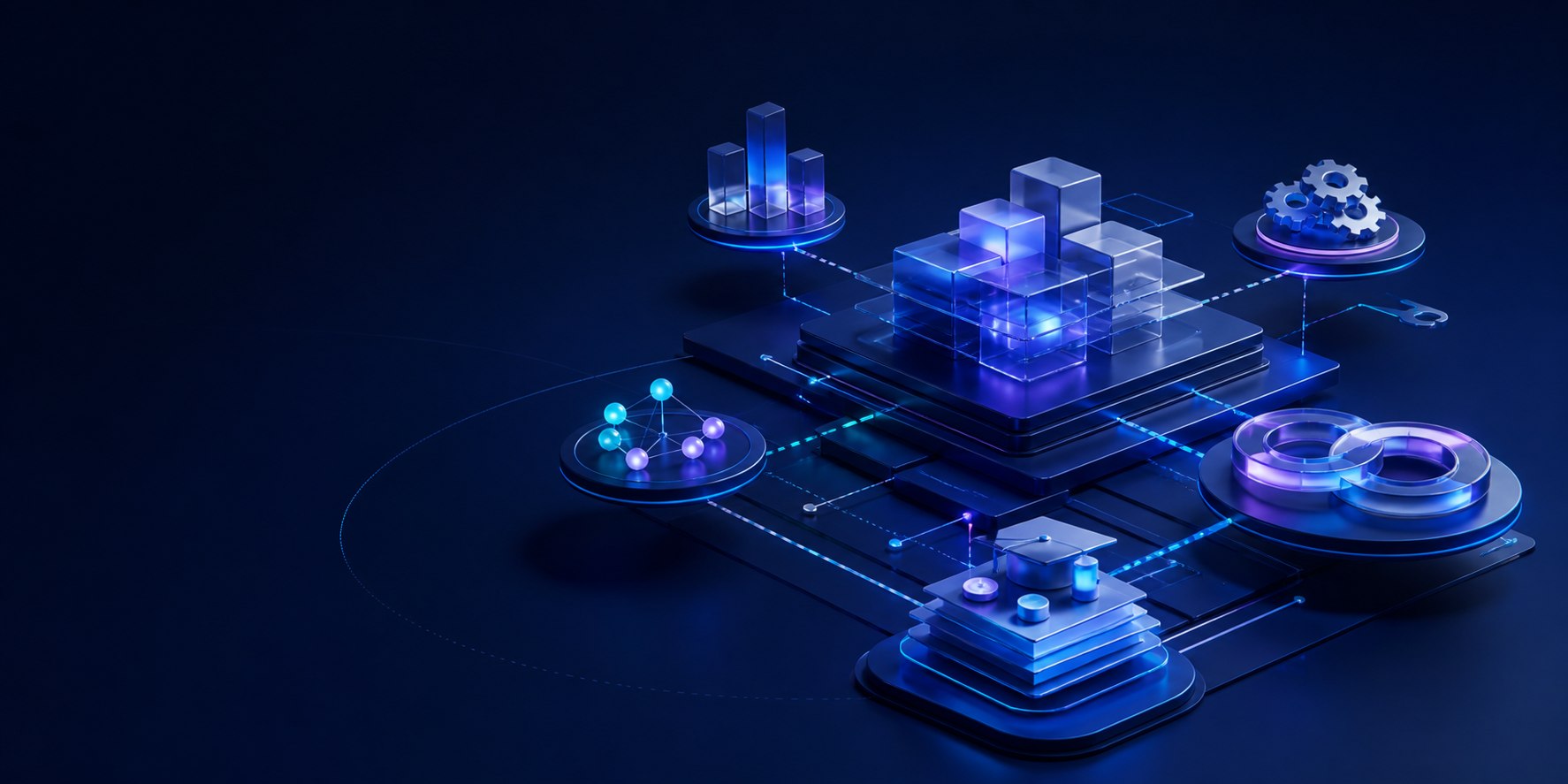 Takım, proje yönetimi, DevOps, eğitim, bakım ve desteği temsil eden bağlantılı teknoloji mimarisi